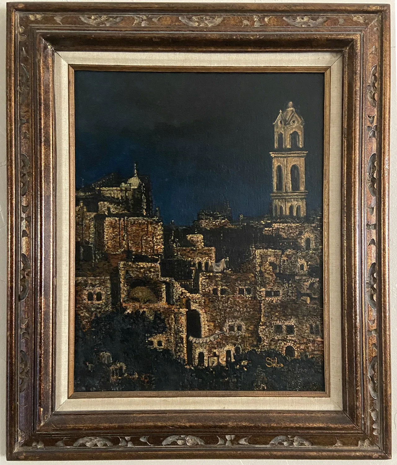 Painting by Shirl Salvo of a hillside city at night