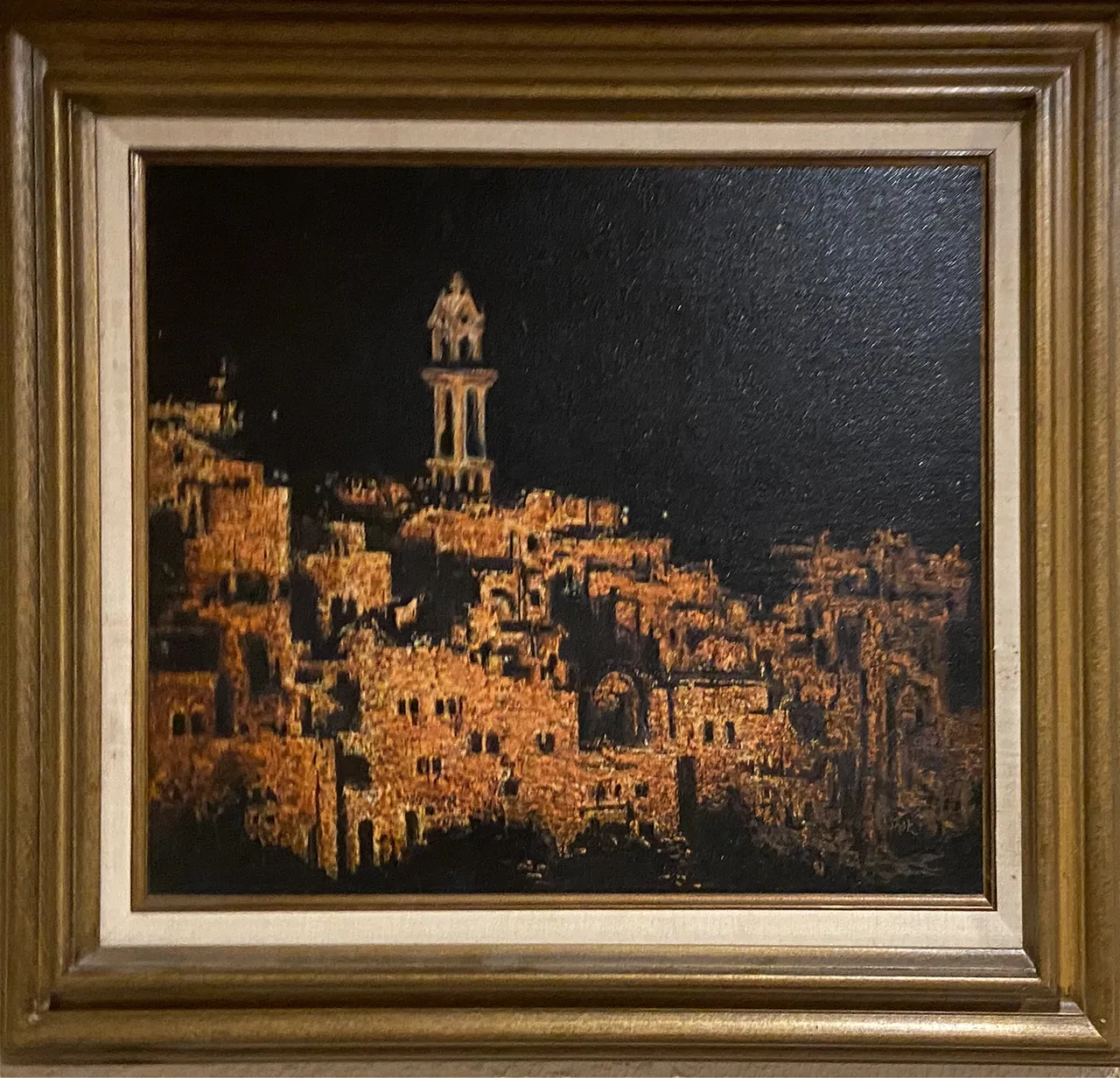 Painting by Shirl Salvo of a hillside city in golden light