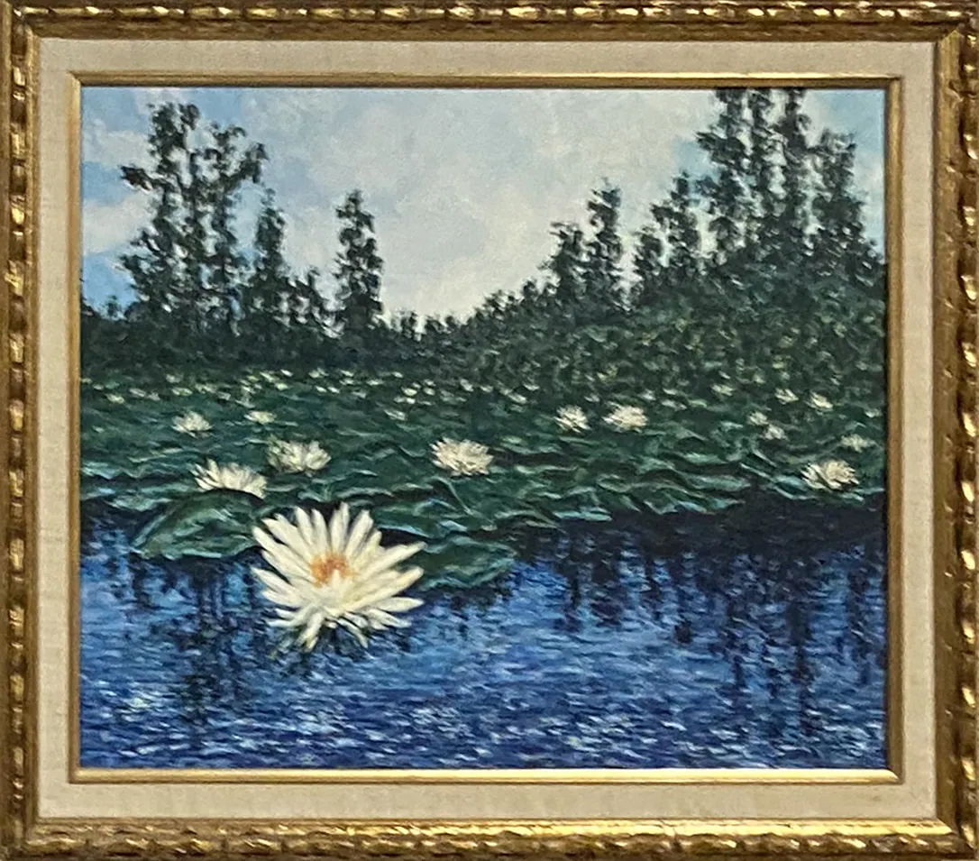 Painting by Shirl Salvo of water lilies on a pond
