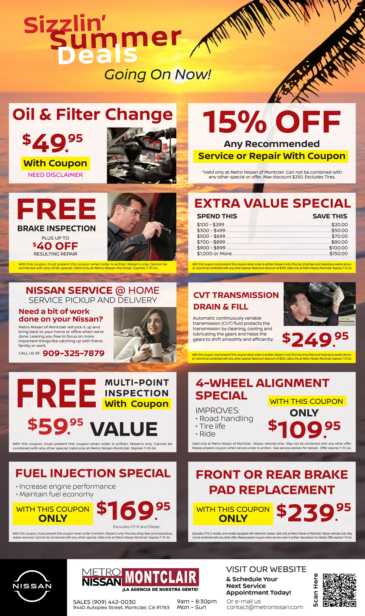 Metro Nissan service mailer with oil change and brake specials