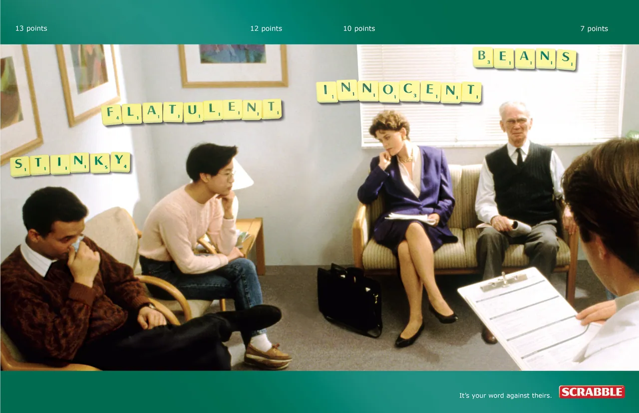 Scrabble magazine ad: letter tiles spell out a joke in a waiting room