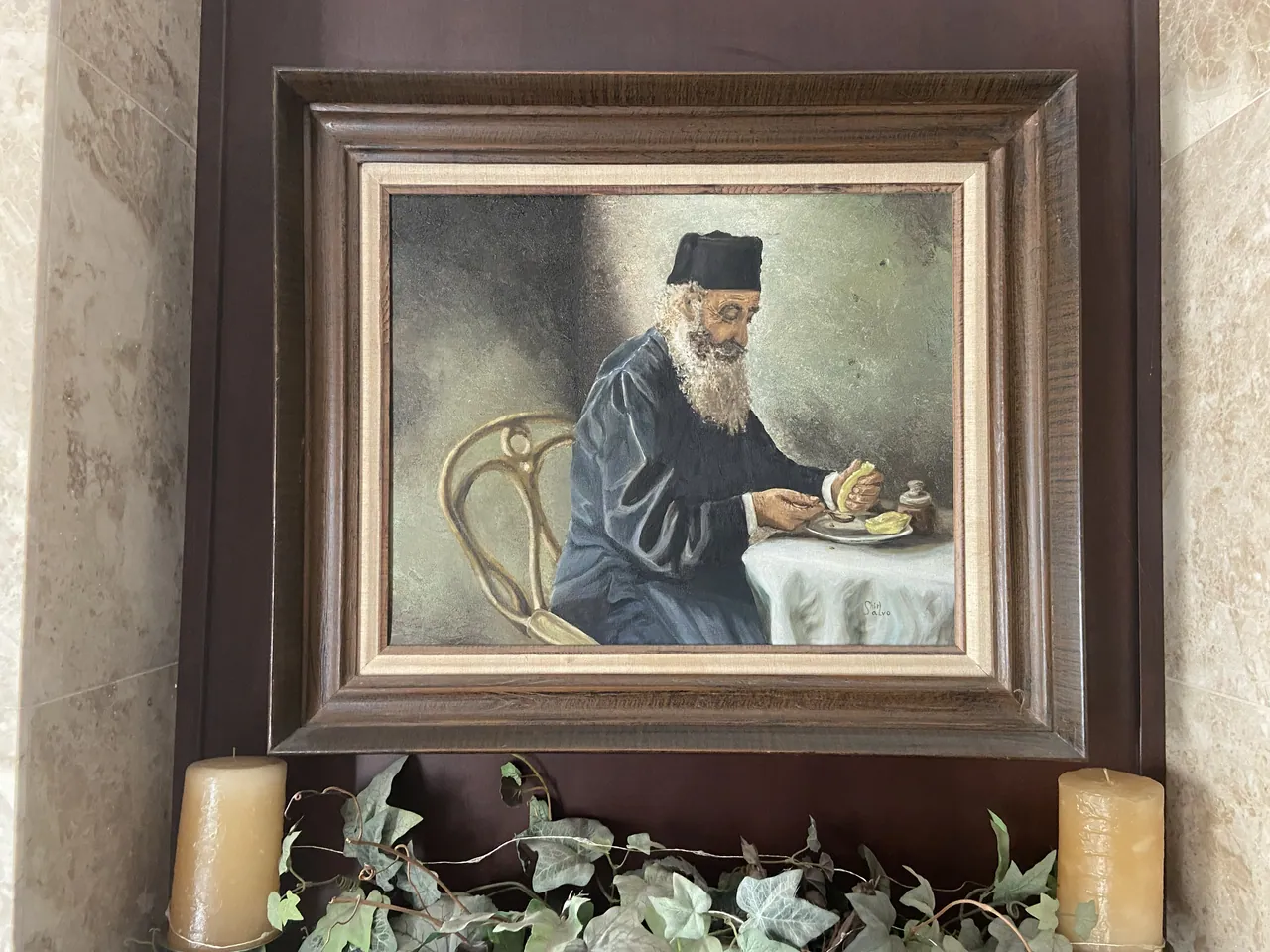Painting by Shirl Salvo of a Greek Orthodox priest at a table