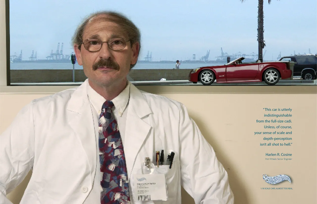 Hot Wheels ad: an engineer in a lab coat with a red model car in the window behind him